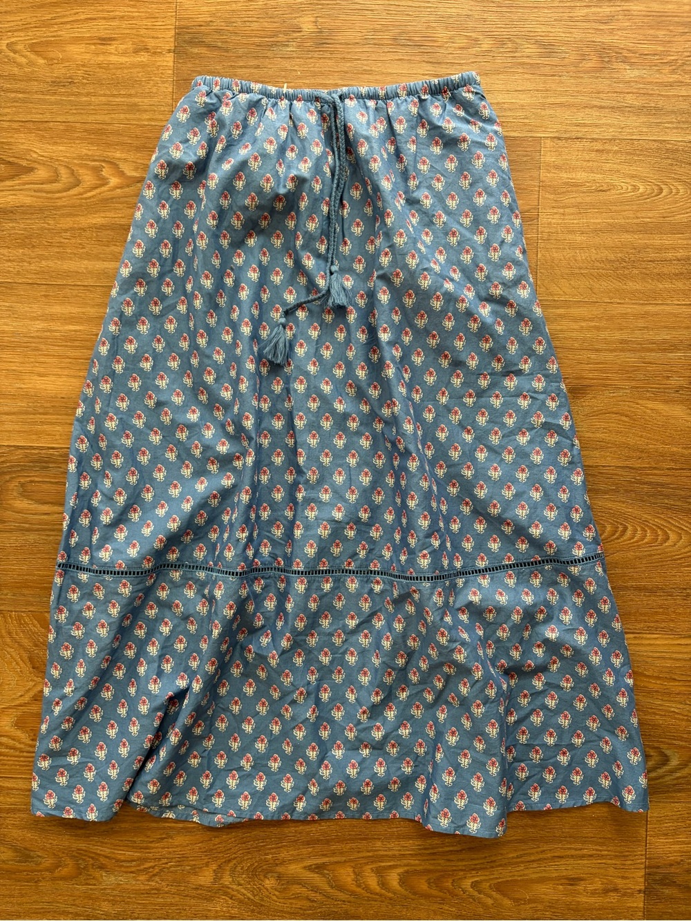 Universal Thread Denim-Blue Floral Tiered Maxi Skirt with Pink Accents